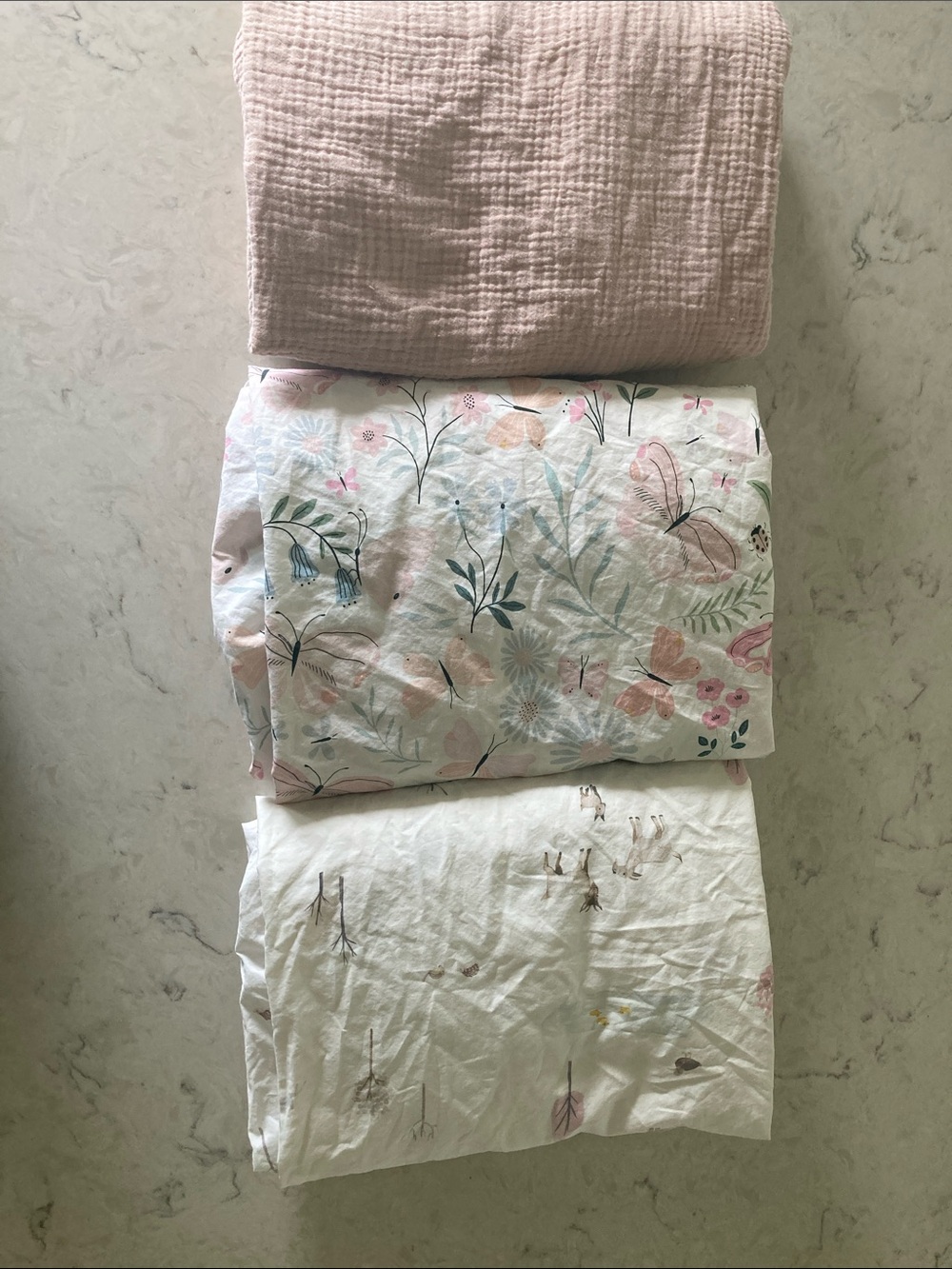 Pottery Barn Kids Pink Quilted Coverlet with Floral and White Cotton Sheets